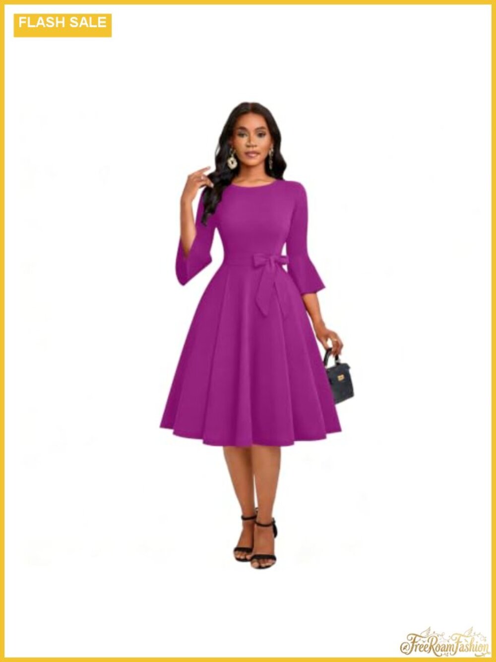 Women's Flare 3/4 Sleeve Cocktail Dress A-Line Midi with Pockets Belted